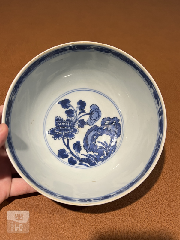 清康熙 青花洞石花鸟纹大碗 - 图7